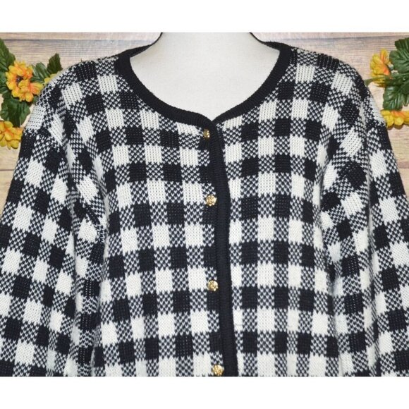 Liz Baker Ladies L Houndstooth Black Check Cardigan Sweater Gold Buttons Vintage - Picture 2 of 9